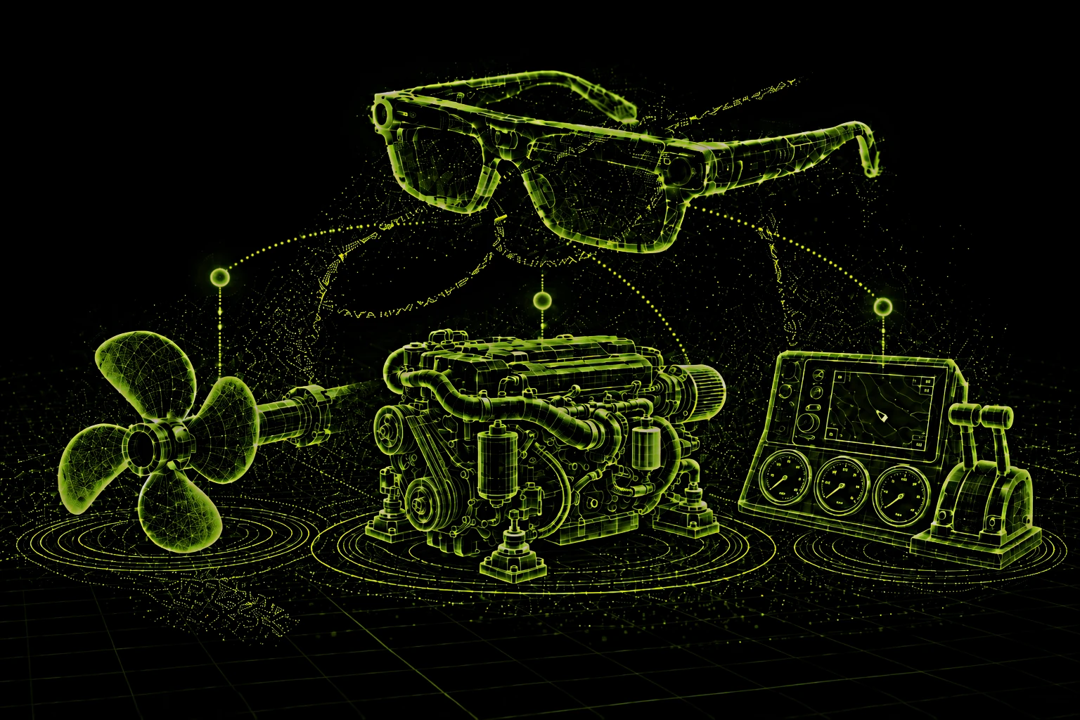 Smart glasses above a propeller shaft, a marine engine and a helm console, drawn as glowing point clouds with anchor lines between them